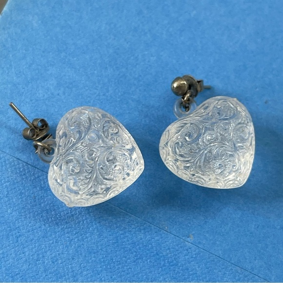 Vintage Heart Clear Engraved Plastic Post Earrings - Picture 5 of 5